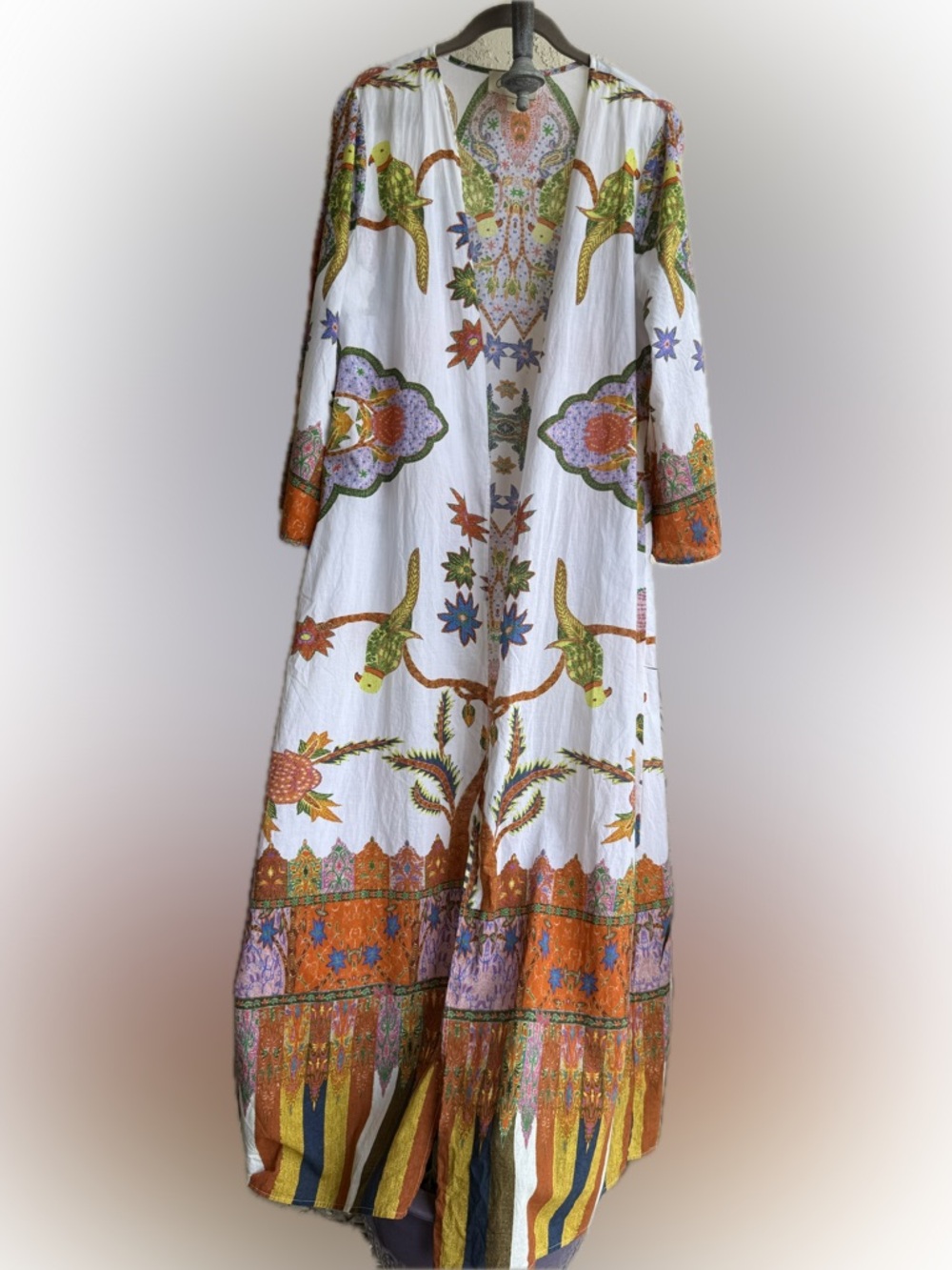 Cleobella White Swim Coverup/ kimono with Orange, Green and Purple Print .